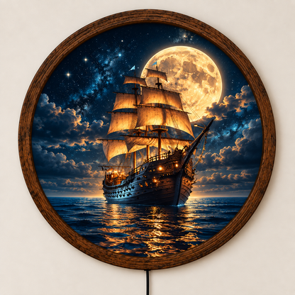 Sailing Ship Moon LED Wall Art, Round Nautical Wall Decor, Full Moon Ocean Light, Vintage Pirate Ship Wall Art, Coastal Home Decor
