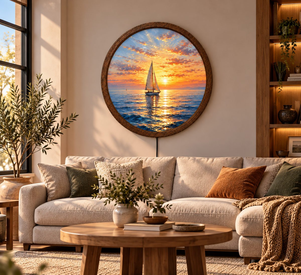 Sailboat Sunset LED Wall Art, Round Ocean Wall Decor, Coastal Nautical Light, Sailing Boat Seascape Art, Beach House Wall Decor Gift