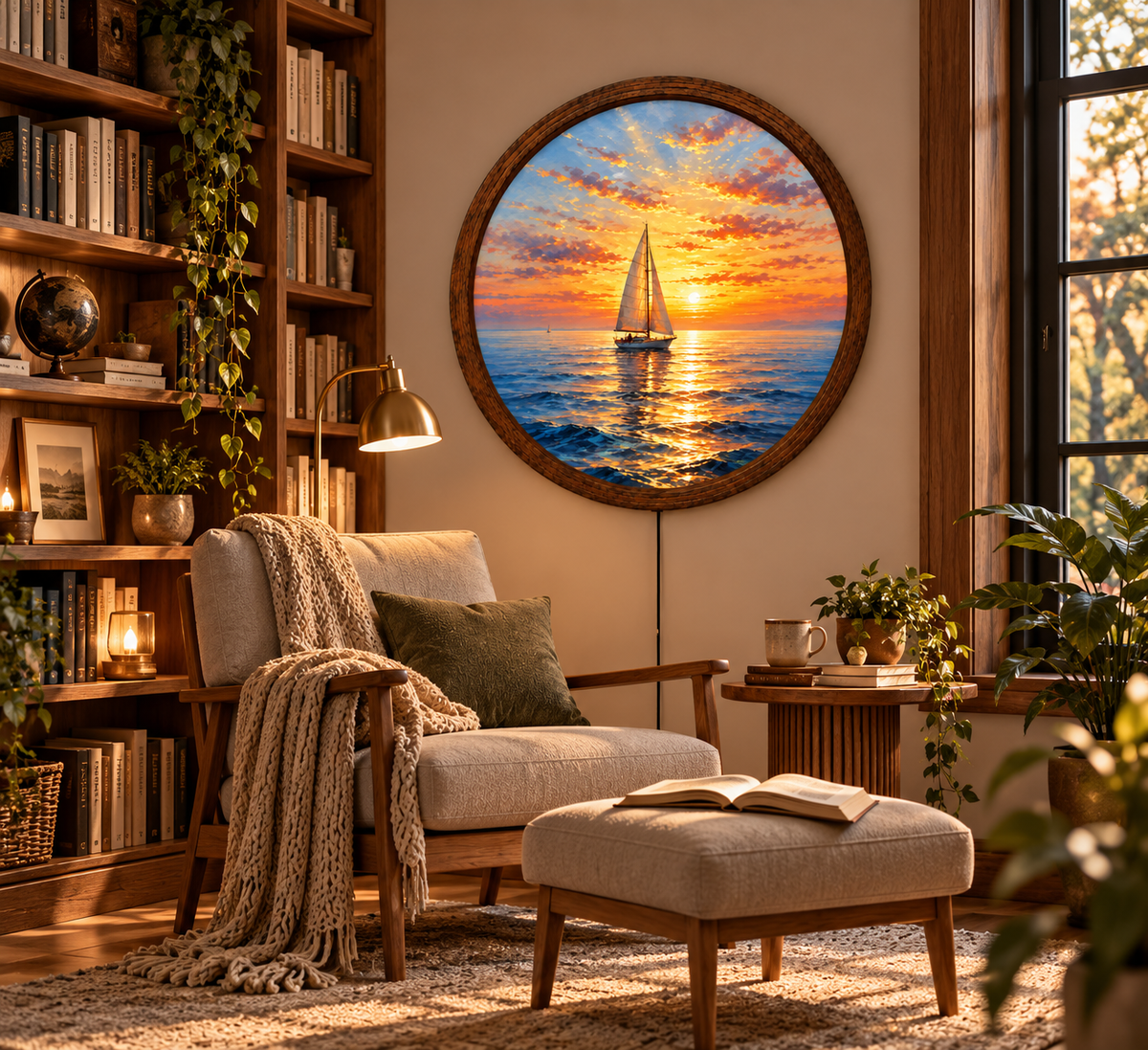 Sailboat Sunset LED Wall Art, Round Ocean Wall Decor, Coastal Nautical Light, Sailing Boat Seascape Art, Beach House Wall Decor Gift