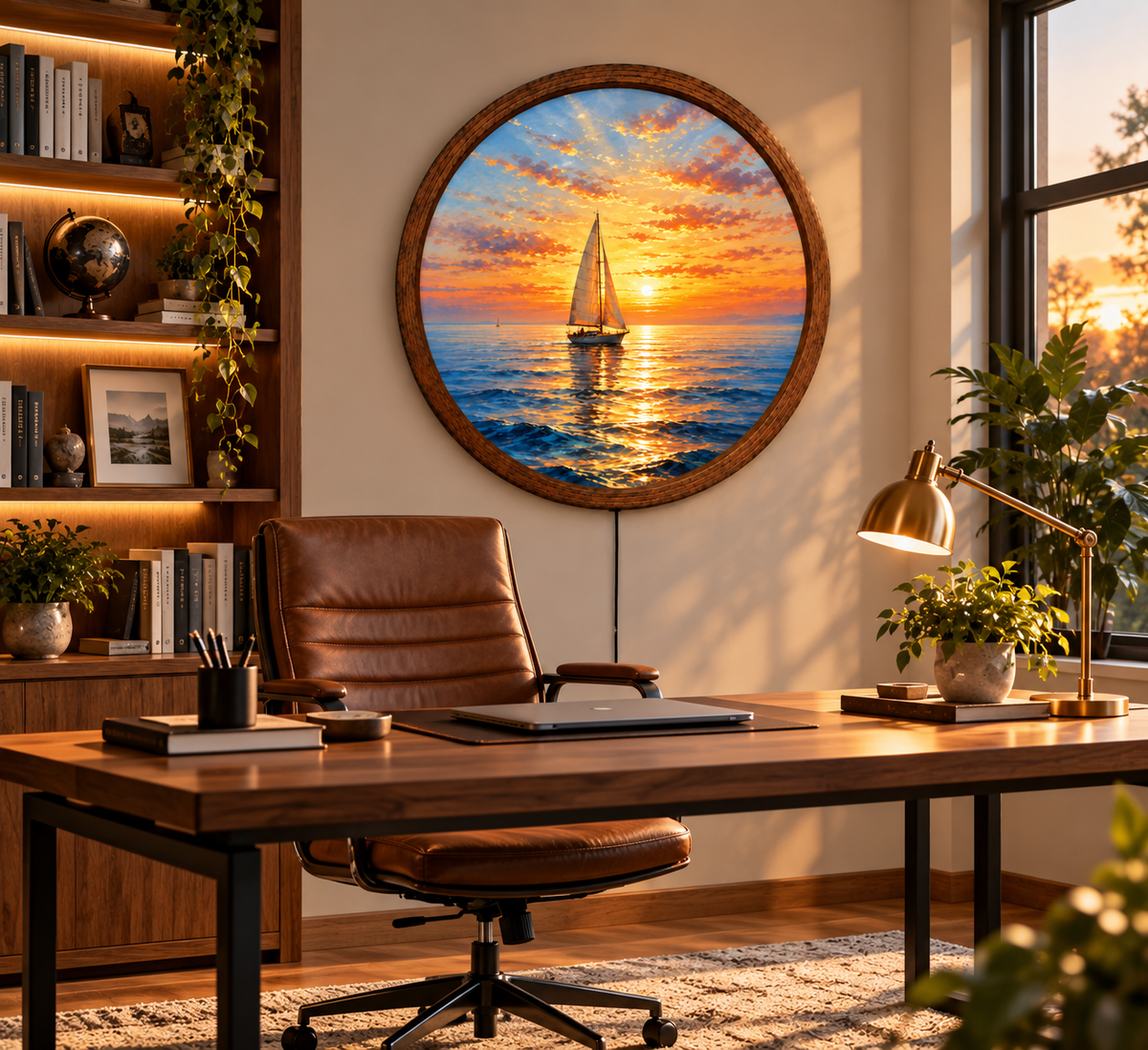 Sailboat Sunset LED Wall Art, Round Ocean Wall Decor, Coastal Nautical Light, Sailing Boat Seascape Art, Beach House Wall Decor Gift