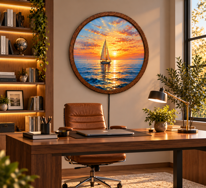 Sailboat Sunset LED Wall Art, Round Ocean Wall Decor, Coastal Nautical Light, Sailing Boat Seascape Art, Beach House Wall Decor Gift