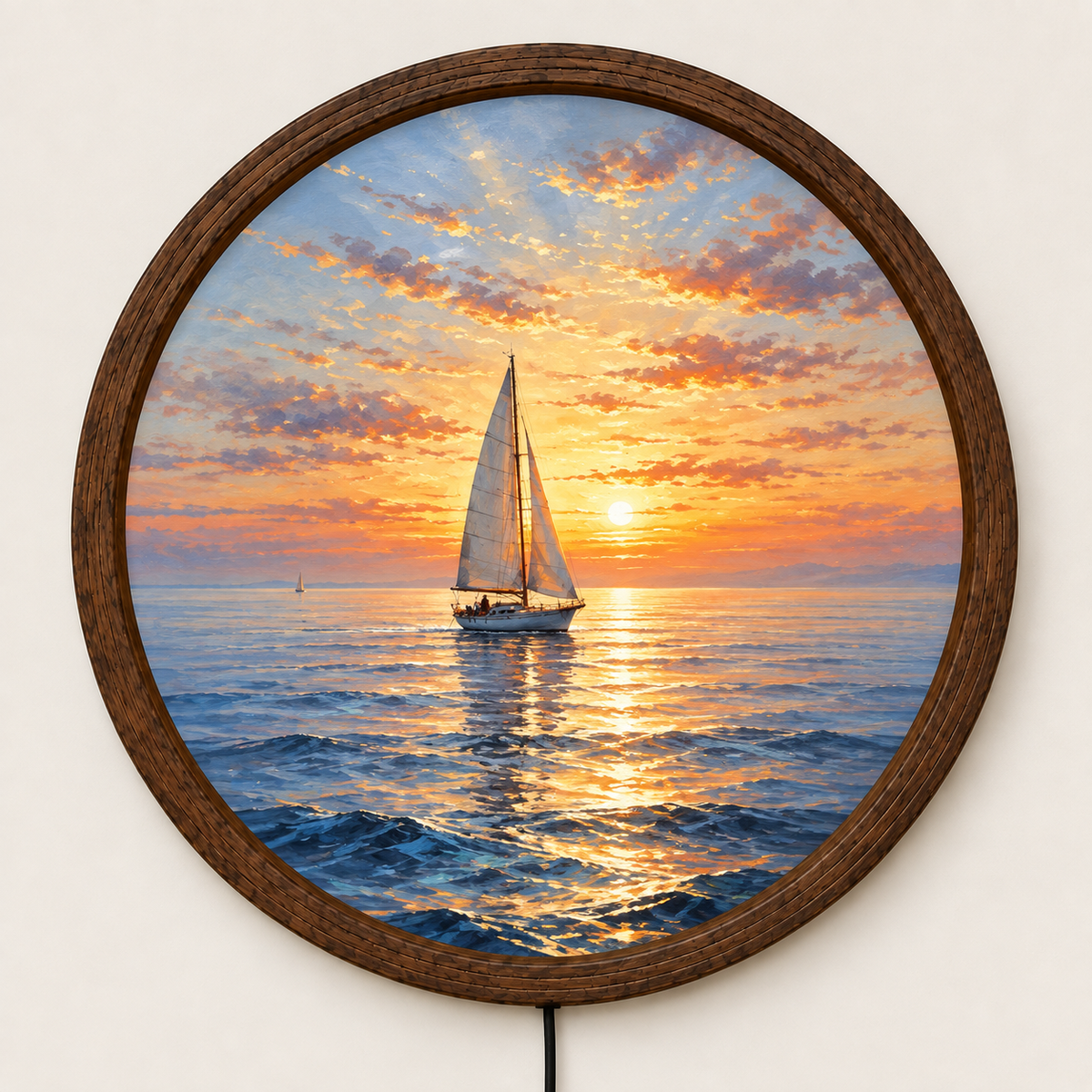 Sailboat Sunset LED Wall Art, Round Ocean Wall Decor, Coastal Nautical Light, Sailing Boat Seascape Art, Beach House Wall Decor Gift