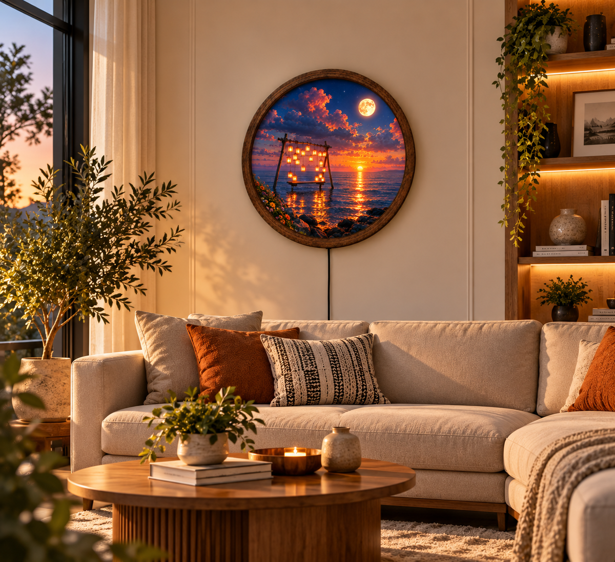 Ocean Sunset LED Wall Art, Moonlit Swing Wall Decor, Round Coastal Night Light, Romantic Seascape Art, Beach House Home Decor Gift