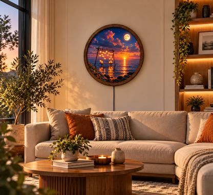 Ocean Sunset LED Wall Art, Moonlit Swing Wall Decor, Round Coastal Night Light, Romantic Seascape Art, Beach House Home Decor Gift