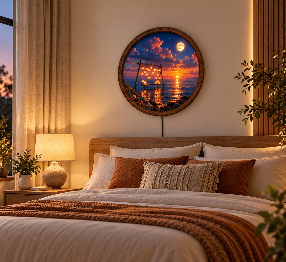 Ocean Sunset LED Wall Art, Moonlit Swing Wall Decor, Round Coastal Night Light, Romantic Seascape Art, Beach House Home Decor Gift