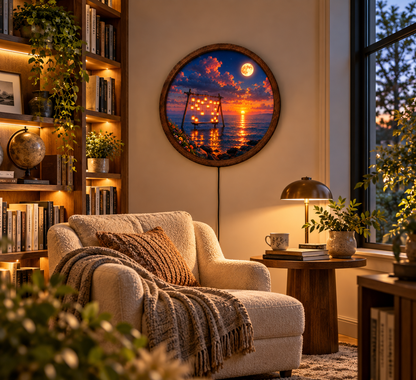 Ocean Sunset LED Wall Art, Moonlit Swing Wall Decor, Round Coastal Night Light, Romantic Seascape Art, Beach House Home Decor Gift