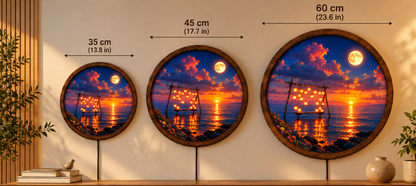 Ocean Sunset LED Wall Art, Moonlit Swing Wall Decor, Round Coastal Night Light, Romantic Seascape Art, Beach House Home Decor Gift