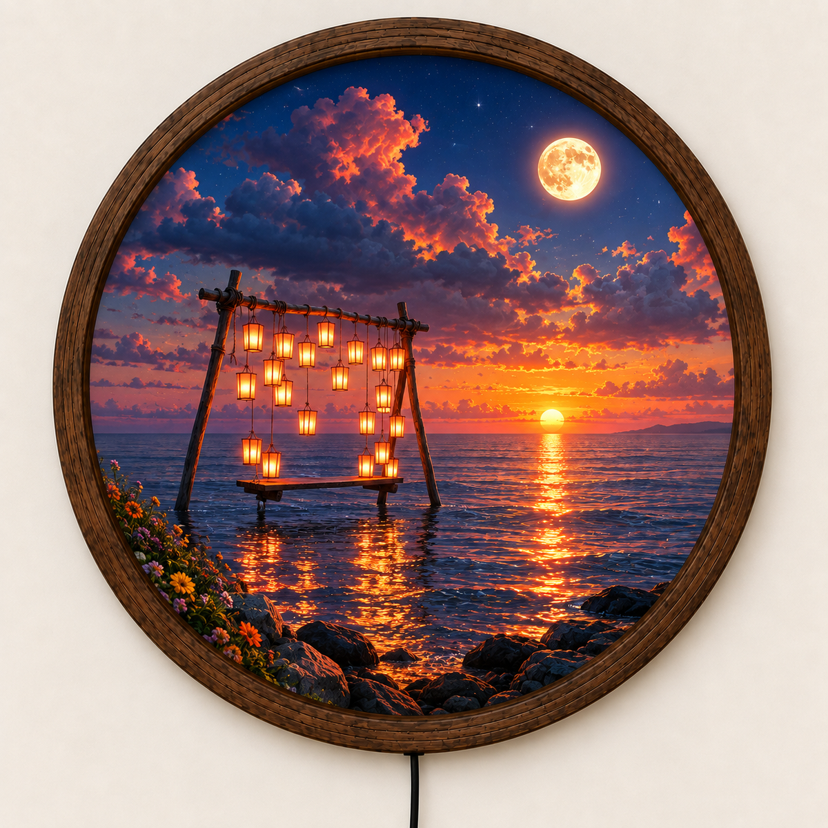 Ocean Sunset LED Wall Art, Moonlit Swing Wall Decor, Round Coastal Night Light, Romantic Seascape Art, Beach House Home Decor Gift
