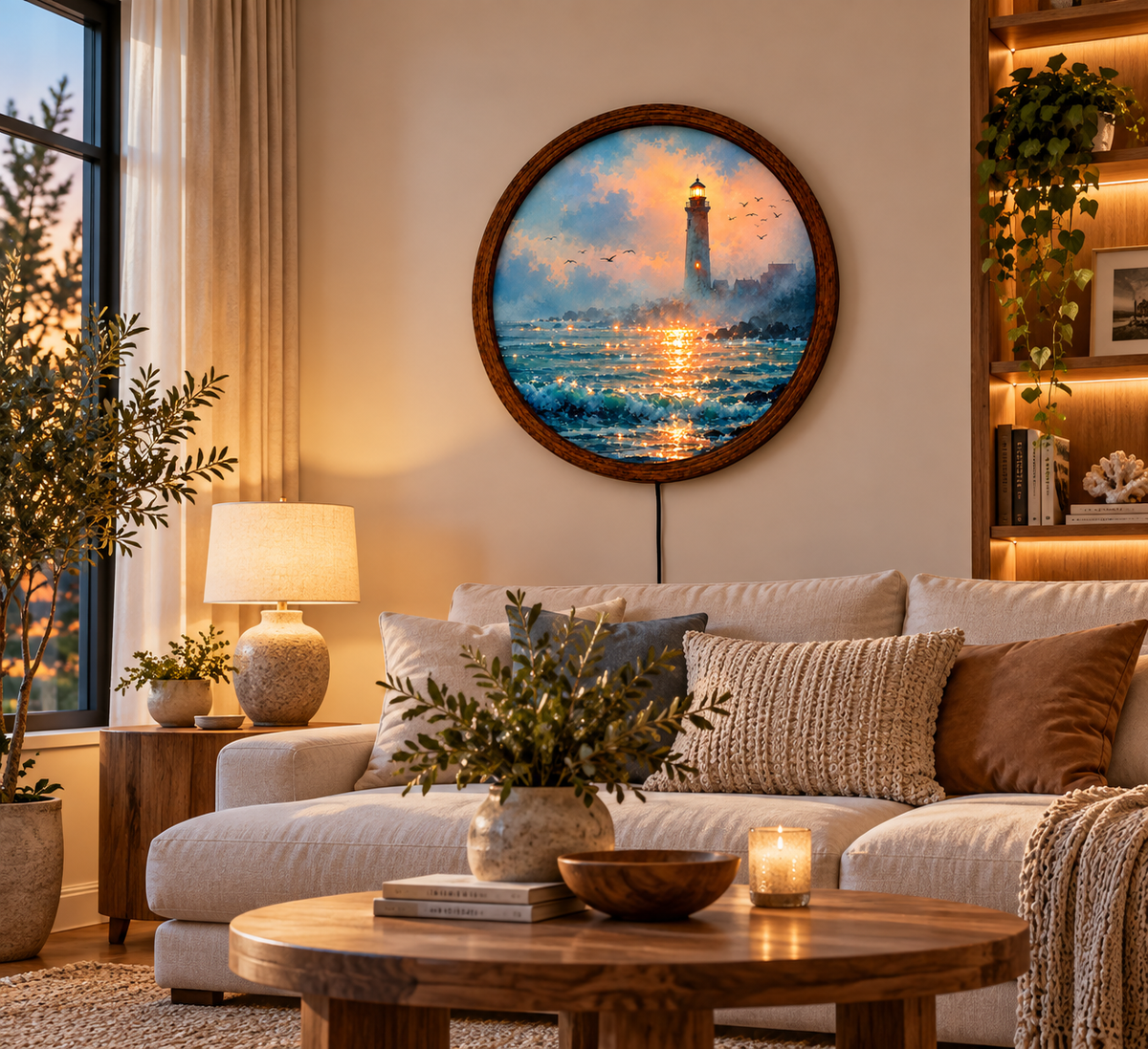Lighthouse LED Wall Art, Round Coastal Wall Decor, Ocean Seascape Light, Nautical Beach House Decor, Lighthouse Lover Gift