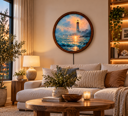 Lighthouse LED Wall Art, Round Coastal Wall Decor, Ocean Seascape Light, Nautical Beach House Decor, Lighthouse Lover Gift