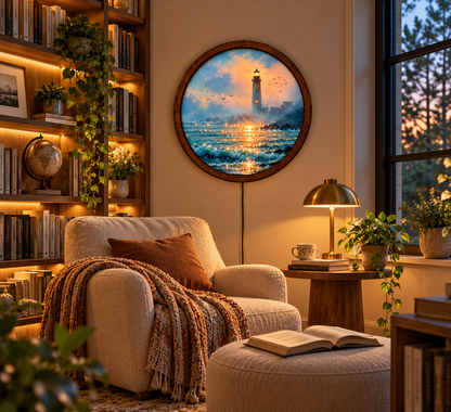 Lighthouse LED Wall Art, Round Coastal Wall Decor, Ocean Seascape Light, Nautical Beach House Decor, Lighthouse Lover Gift