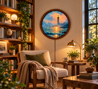 Lighthouse LED Wall Art, Round Coastal Wall Decor, Ocean Seascape Light, Nautical Beach House Decor, Lighthouse Lover Gift
