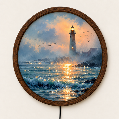 Lighthouse LED Wall Art, Round Coastal Wall Decor, Ocean Seascape Light, Nautical Beach House Decor, Lighthouse Lover Gift