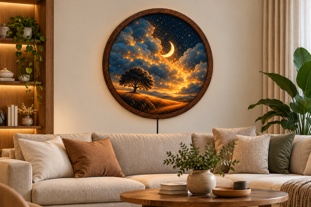 Crescent Moon LED Wall Art, Starry Night Tree Light, Round Celestial Wall Decor, Glowing Moon Landscape, Bedroom Night Light, Gift