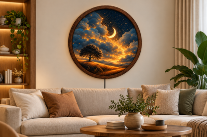 Crescent Moon LED Wall Art, Starry Night Tree Light, Round Celestial Wall Decor, Glowing Moon Landscape, Bedroom Night Light, Gift