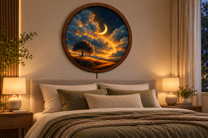 Crescent Moon LED Wall Art, Starry Night Tree Light, Round Celestial Wall Decor, Glowing Moon Landscape, Bedroom Night Light, Gift
