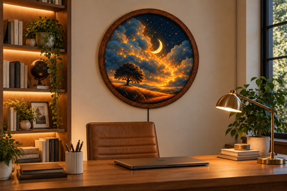 Crescent Moon LED Wall Art, Starry Night Tree Light, Round Celestial Wall Decor, Glowing Moon Landscape, Bedroom Night Light, Gift