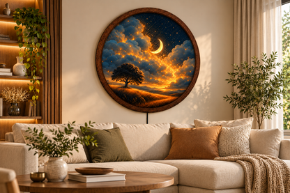 Crescent Moon LED Wall Art, Starry Night Tree Light, Round Celestial Wall Decor, Glowing Moon Landscape, Bedroom Night Light, Gift