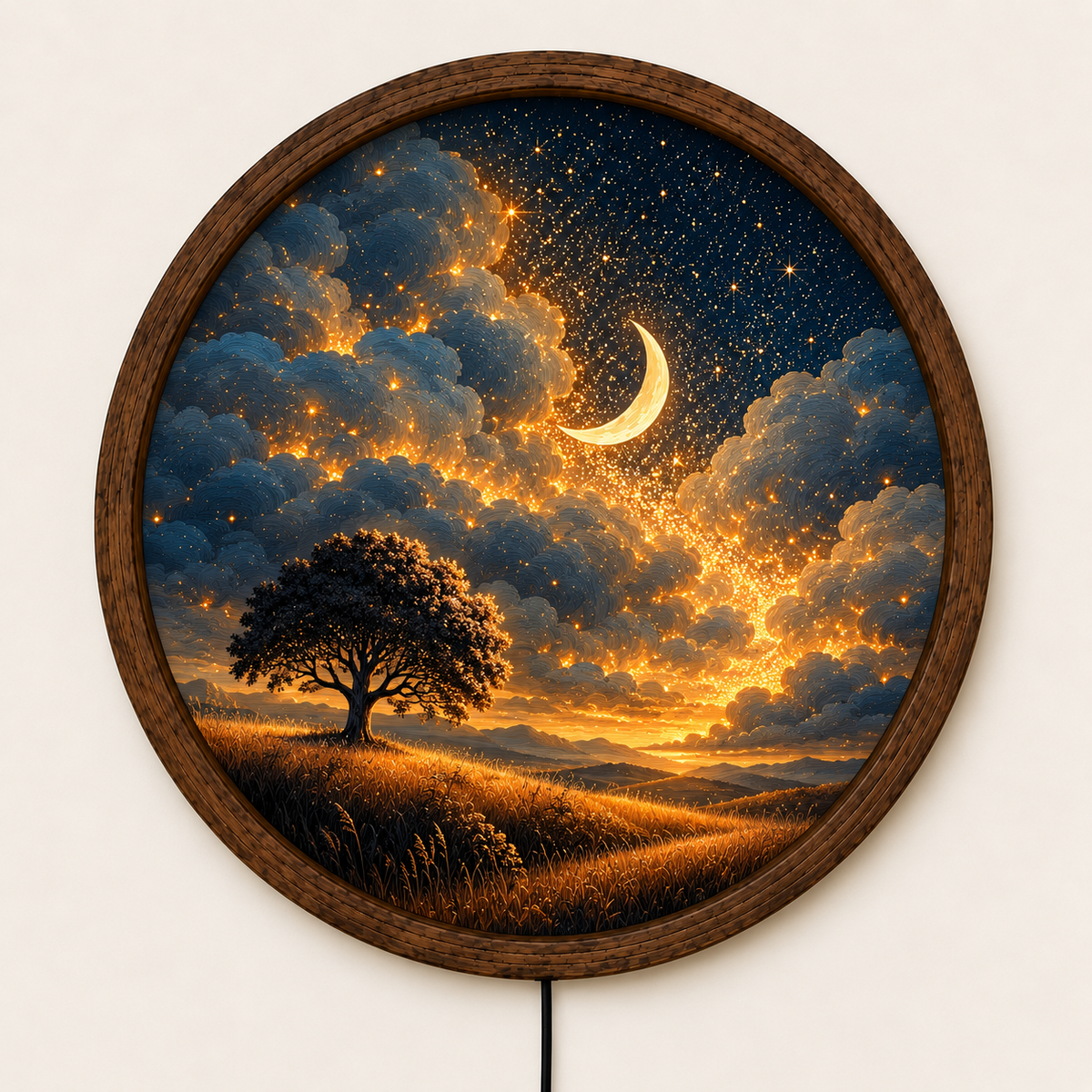 Crescent Moon LED Wall Art, Starry Night Tree Light, Round Celestial Wall Decor, Glowing Moon Landscape, Bedroom Night Light, Gift