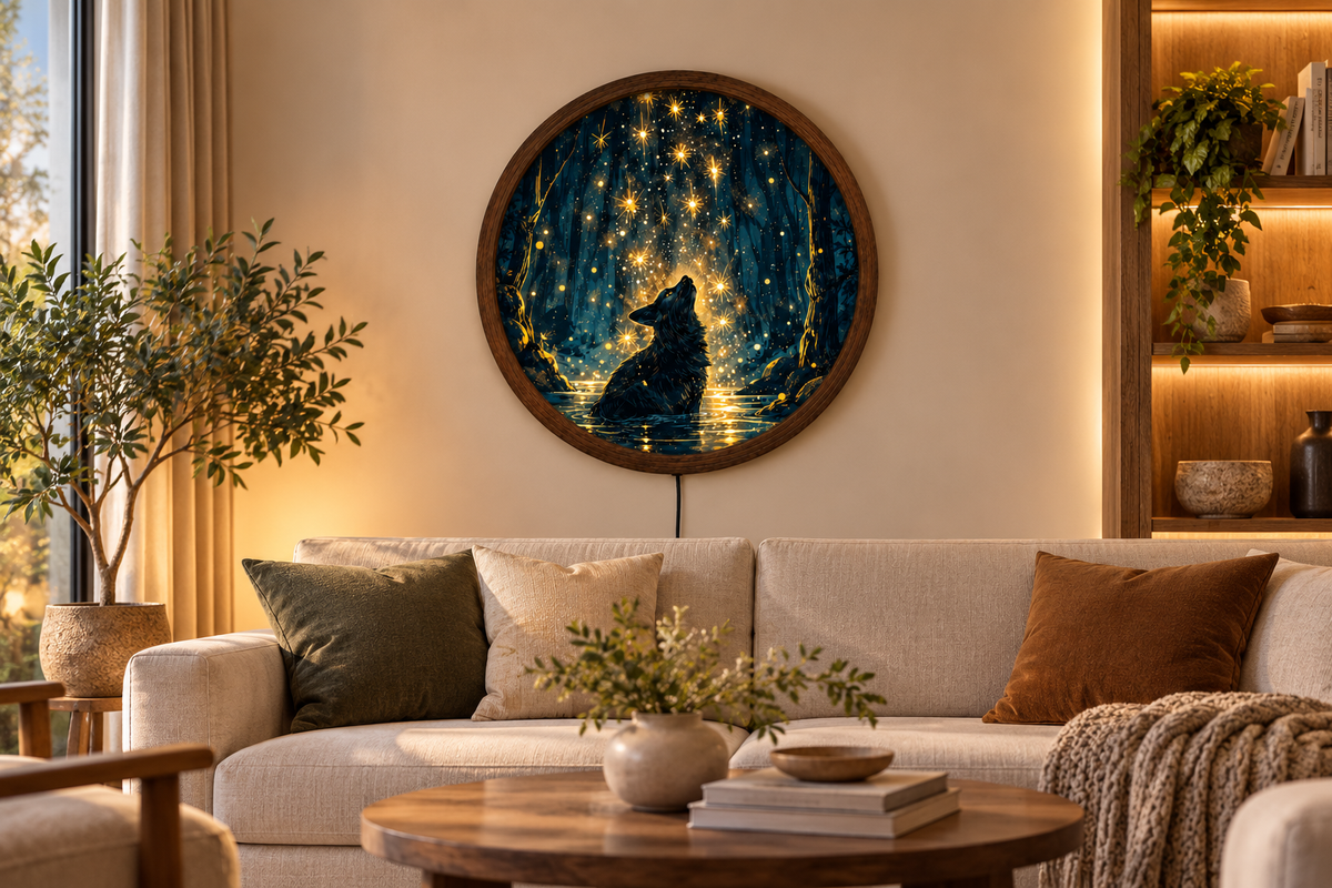 Wolf LED Wall Art, Enchanted Forest Wall Light, Glowing Wolf Decor, Mystical Woodland Art, Round Night Light, Fantasy Animal Gift