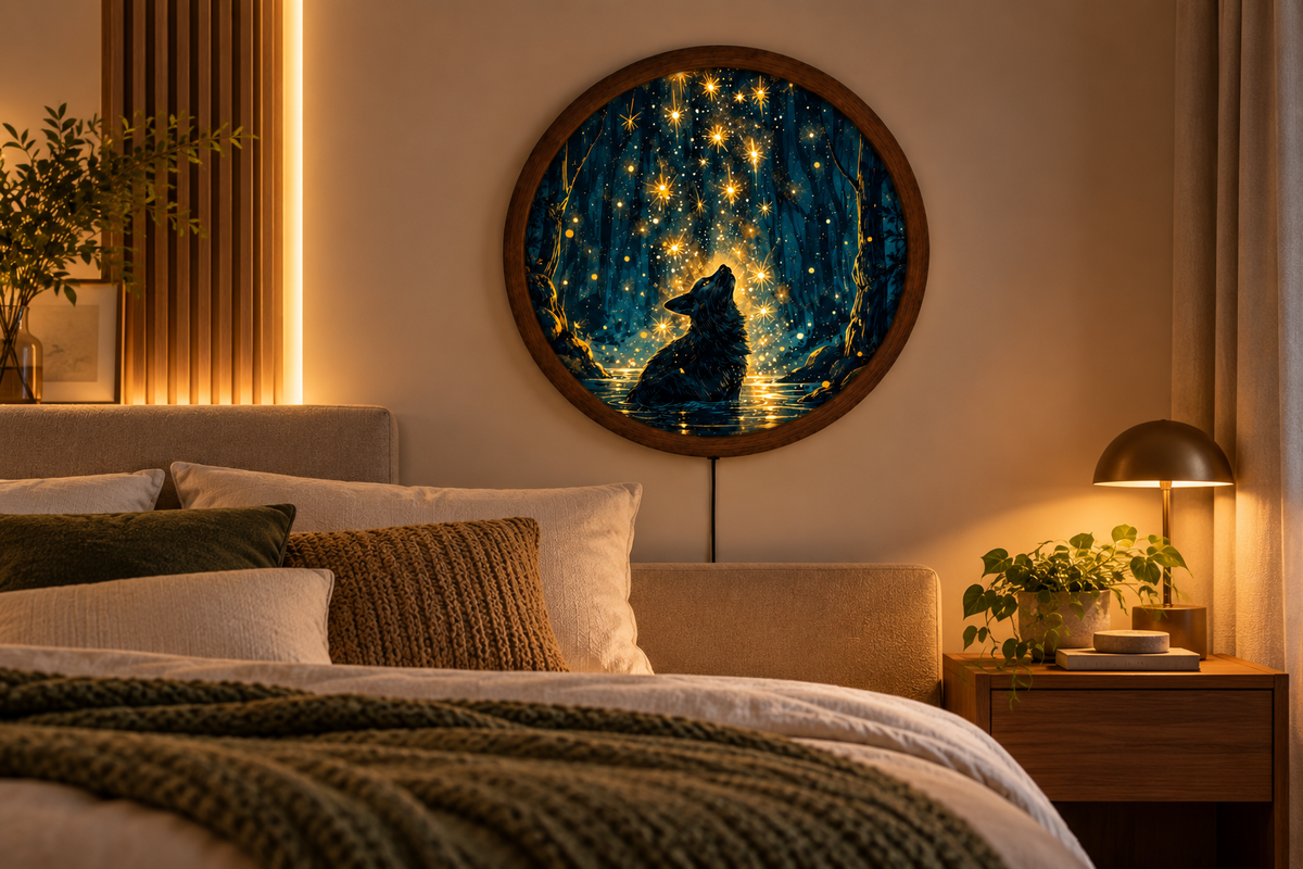 Wolf LED Wall Art, Enchanted Forest Wall Light, Glowing Wolf Decor, Mystical Woodland Art, Round Night Light, Fantasy Animal Gift