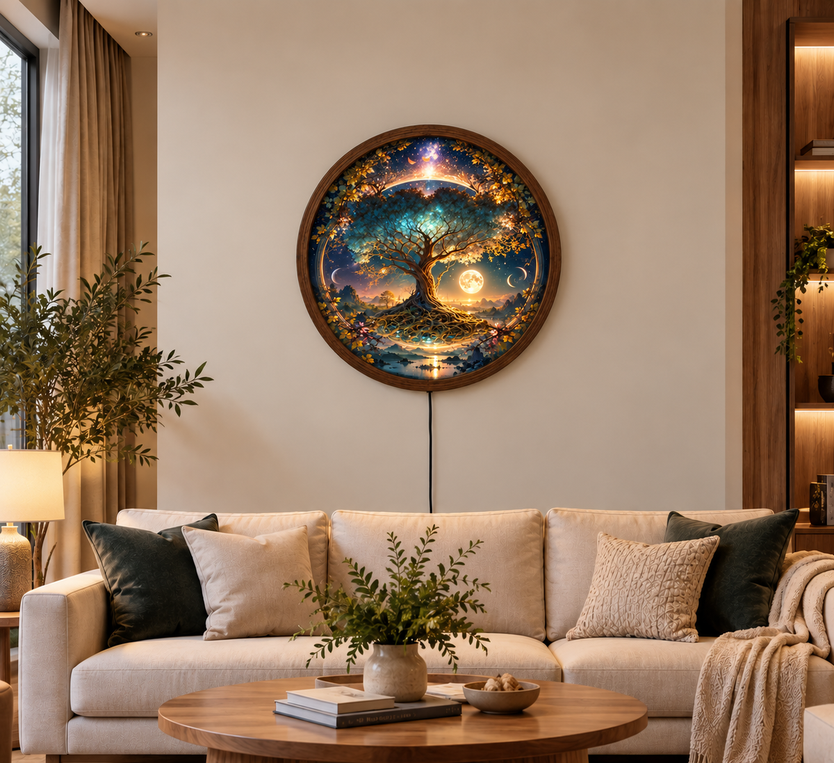 Tree of Life LED Wall Art, Celestial Moon Wall Light, Fantasy Tree Decor, Mystical Night Landscape, Round Bedroom Light, Nature Lover Gift