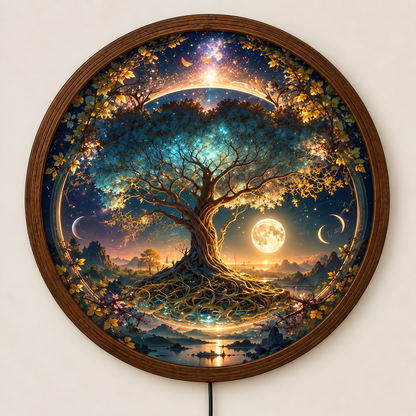 Tree of Life LED Wall Art, Celestial Moon Wall Light, Fantasy Tree Decor, Mystical Night Landscape, Round Bedroom Light, Nature Lover Gift