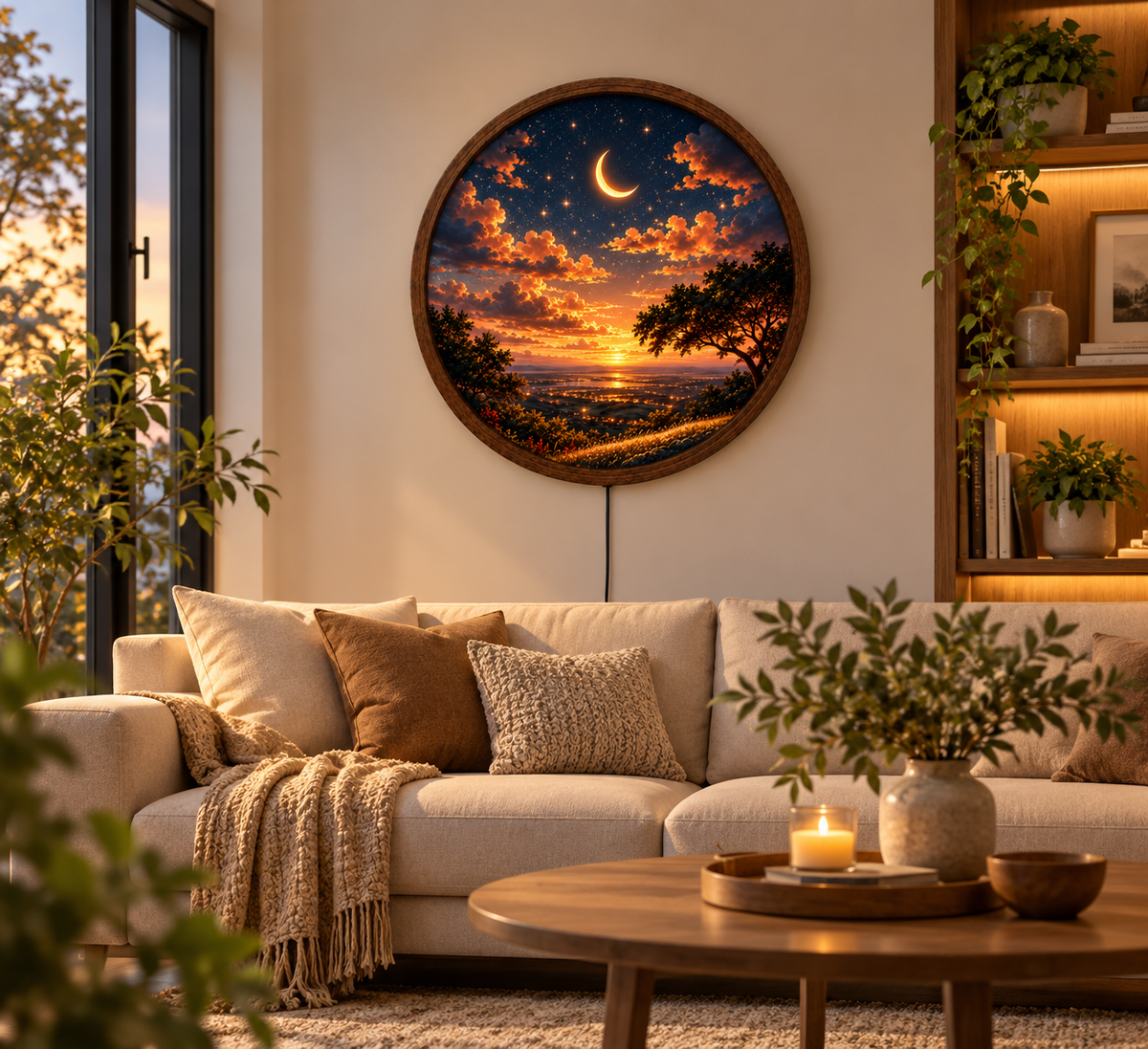 Crescent Moon LED Wall Art, Sunset Landscape Wall Light, Starry Sky Decor, Celestial Night Light, Round Nature Wall Art, Bedroom Decor