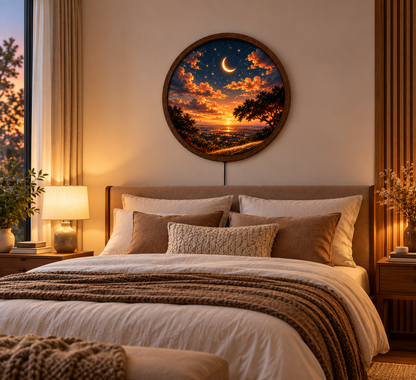 Crescent Moon LED Wall Art, Sunset Landscape Wall Light, Starry Sky Decor, Celestial Night Light, Round Nature Wall Art, Bedroom Decor