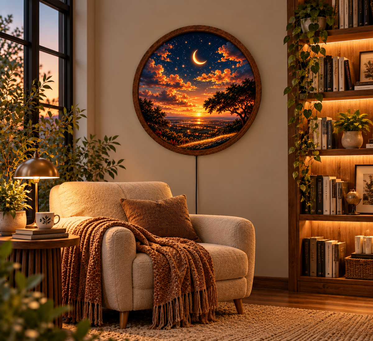 Crescent Moon LED Wall Art, Sunset Landscape Wall Light, Starry Sky Decor, Celestial Night Light, Round Nature Wall Art, Bedroom Decor