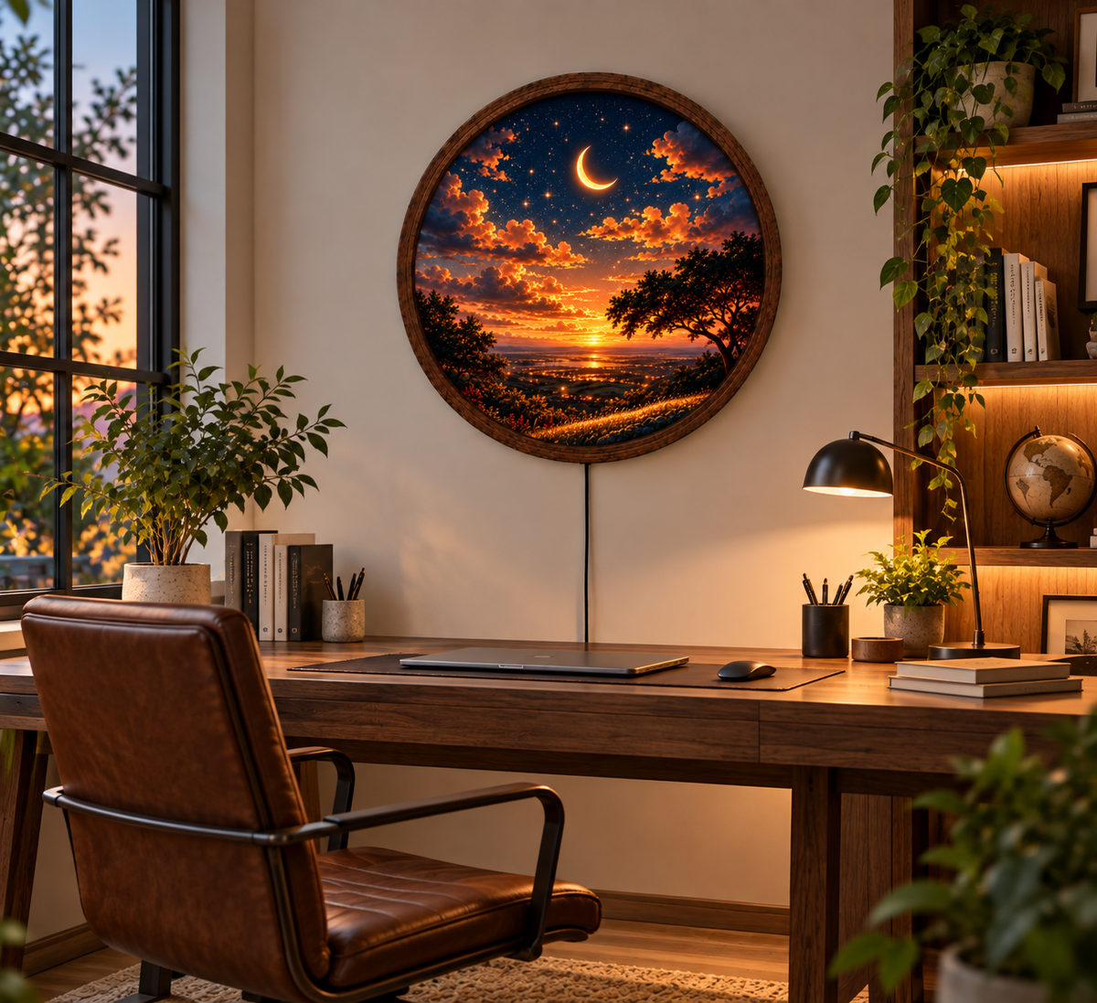 Crescent Moon LED Wall Art, Sunset Landscape Wall Light, Starry Sky Decor, Celestial Night Light, Round Nature Wall Art, Bedroom Decor