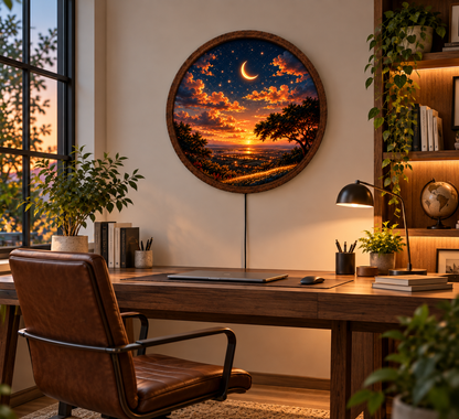 Crescent Moon LED Wall Art, Sunset Landscape Wall Light, Starry Sky Decor, Celestial Night Light, Round Nature Wall Art, Bedroom Decor