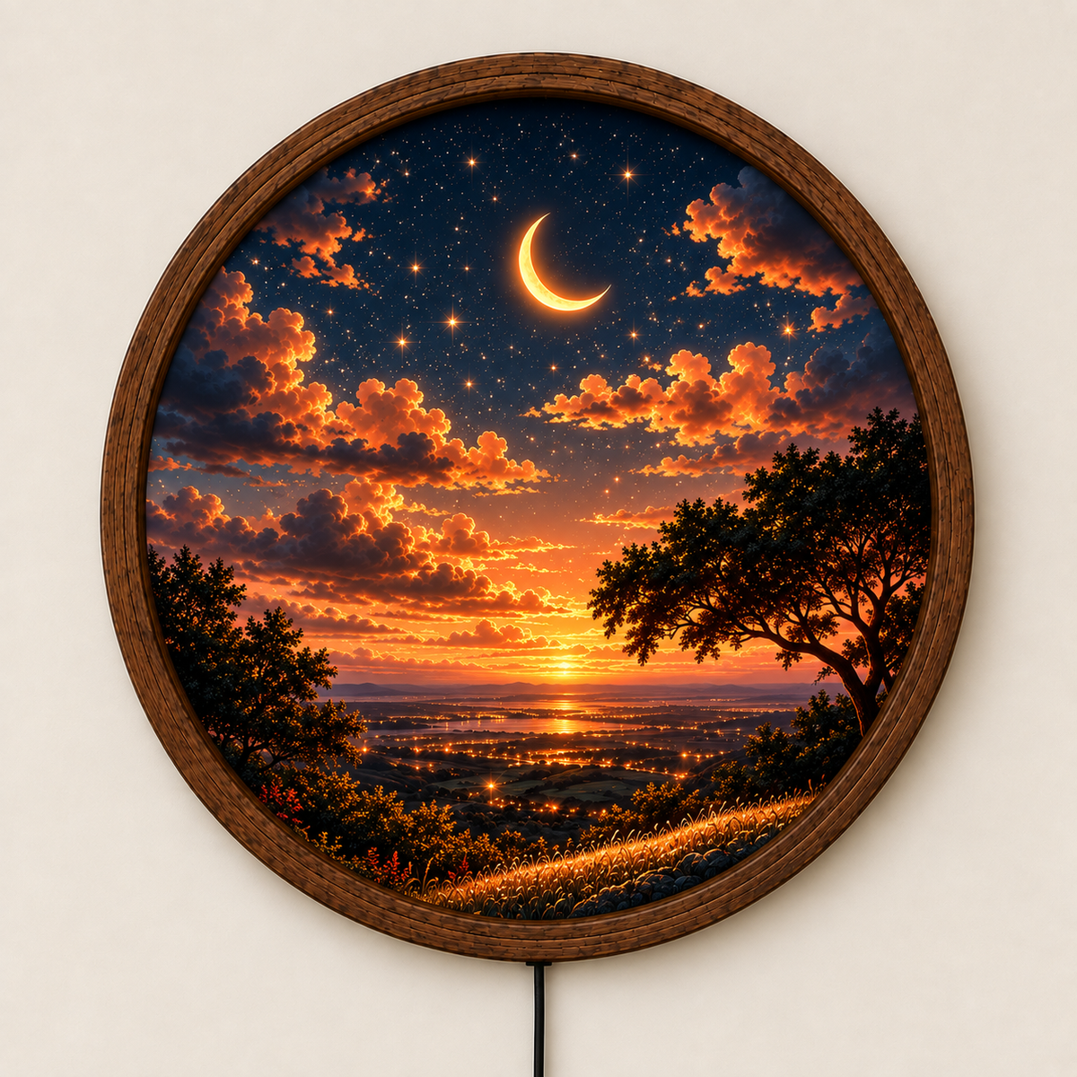 Crescent Moon LED Wall Art, Sunset Landscape Wall Light, Starry Sky Decor, Celestial Night Light, Round Nature Wall Art, Bedroom Decor