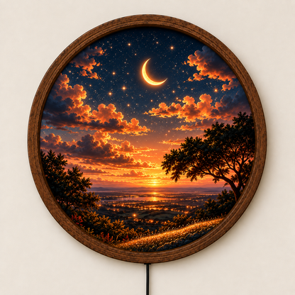 Crescent Moon LED Wall Art, Sunset Landscape Wall Light, Starry Sky Decor, Celestial Night Light, Round Nature Wall Art, Bedroom Decor