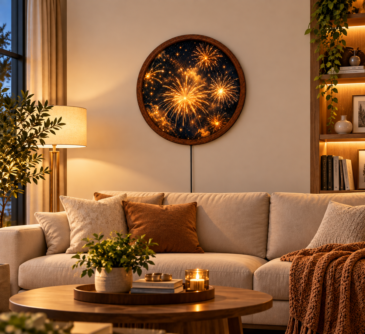 Fireworks LED Wall Art, Round Lighted Wall Decor, Golden Firework Night Sky Art, New Year Wall Decor, Illuminated Wall Hanging