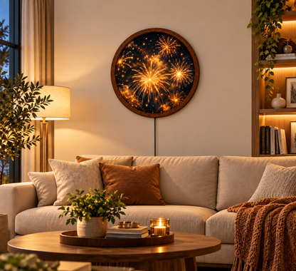 Fireworks LED Wall Art, Round Lighted Wall Decor, Golden Firework Night Sky Art, New Year Wall Decor, Illuminated Wall Hanging