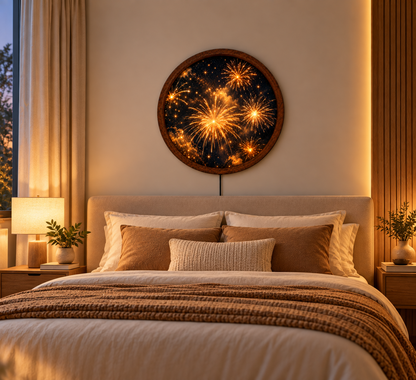 Fireworks LED Wall Art, Round Lighted Wall Decor, Golden Firework Night Sky Art, New Year Wall Decor, Illuminated Wall Hanging