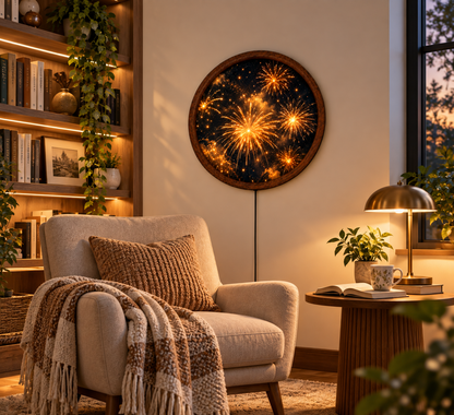 Fireworks LED Wall Art, Round Lighted Wall Decor, Golden Firework Night Sky Art, New Year Wall Decor, Illuminated Wall Hanging