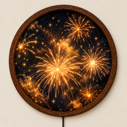 Fireworks LED Wall Art, Round Lighted Wall Decor, Golden Firework Night Sky Art, New Year Wall Decor, Illuminated Wall Hanging