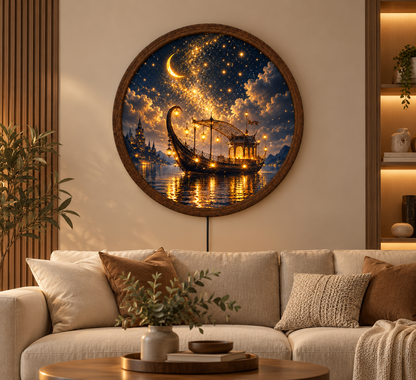 Fantasy Moonlit Boat LED Wall Art, Round Lighted Wall Decor, Magical Starry Night Ship Art, Celestial Wall Light, Fantasy Home Decor
