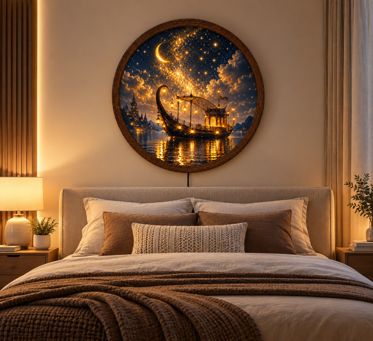Fantasy Moonlit Boat LED Wall Art, Round Lighted Wall Decor, Magical Starry Night Ship Art, Celestial Wall Light, Fantasy Home Decor