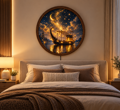 Fantasy Moonlit Boat LED Wall Art, Round Lighted Wall Decor, Magical Starry Night Ship Art, Celestial Wall Light, Fantasy Home Decor