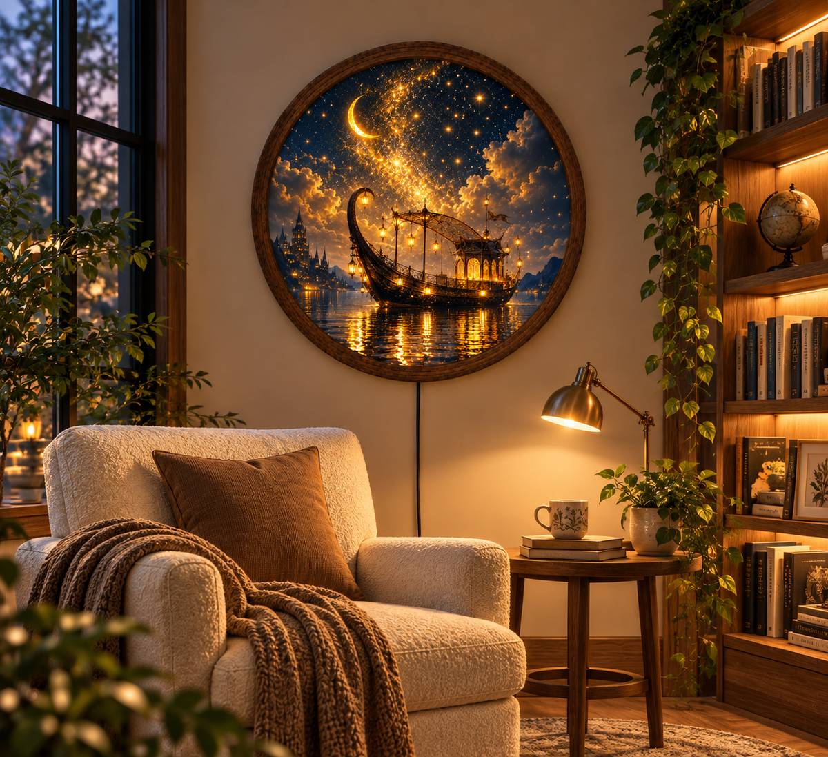 Fantasy Moonlit Boat LED Wall Art, Round Lighted Wall Decor, Magical Starry Night Ship Art, Celestial Wall Light, Fantasy Home Decor