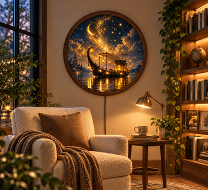 Fantasy Moonlit Boat LED Wall Art, Round Lighted Wall Decor, Magical Starry Night Ship Art, Celestial Wall Light, Fantasy Home Decor