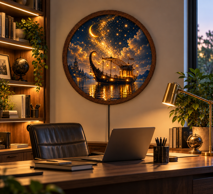 Fantasy Moonlit Boat LED Wall Art, Round Lighted Wall Decor, Magical Starry Night Ship Art, Celestial Wall Light, Fantasy Home Decor