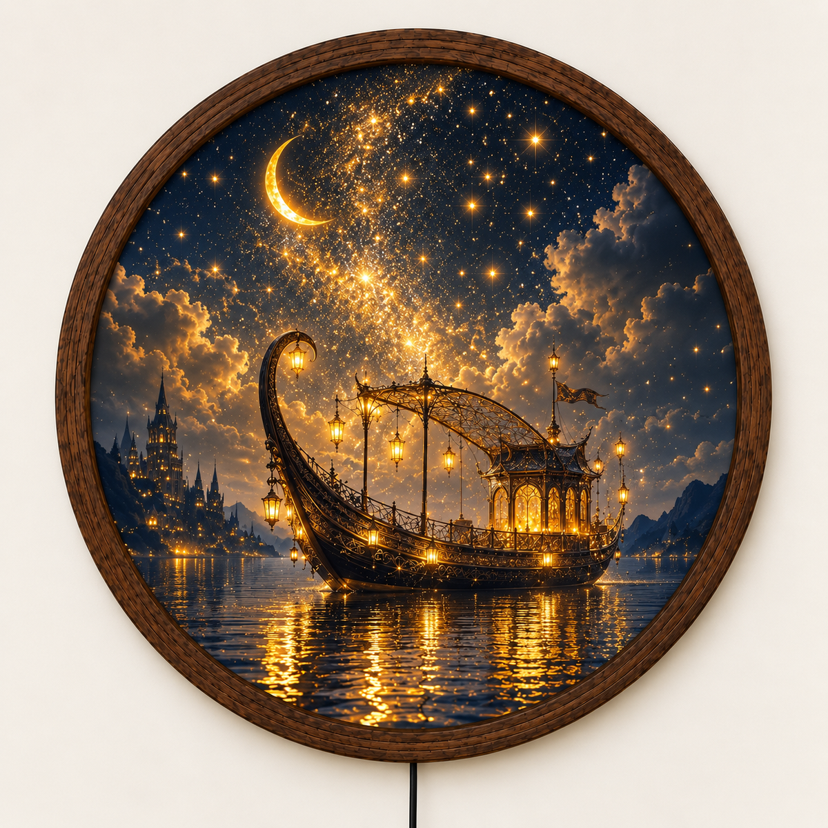 Fantasy Moonlit Boat LED Wall Art, Round Lighted Wall Decor, Magical Starry Night Ship Art, Celestial Wall Light, Fantasy Home Decor