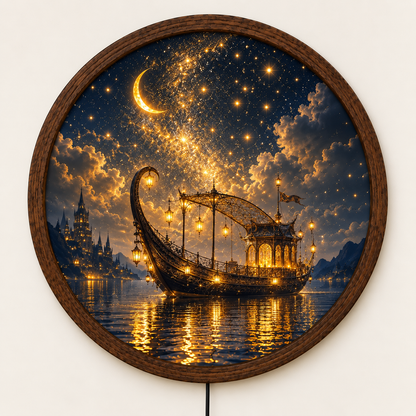 Fantasy Moonlit Boat LED Wall Art, Round Lighted Wall Decor, Magical Starry Night Ship Art, Celestial Wall Light, Fantasy Home Decor