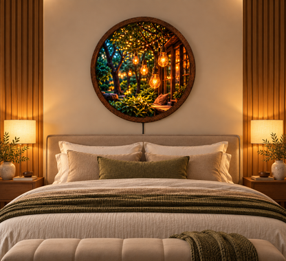 Hanging Edison Bulb LED Wall Art, Round Lighted Wall Decor, Cozy Garden Lights Wall Art, Rustic Nature Home Decor, Warm Ambient Light