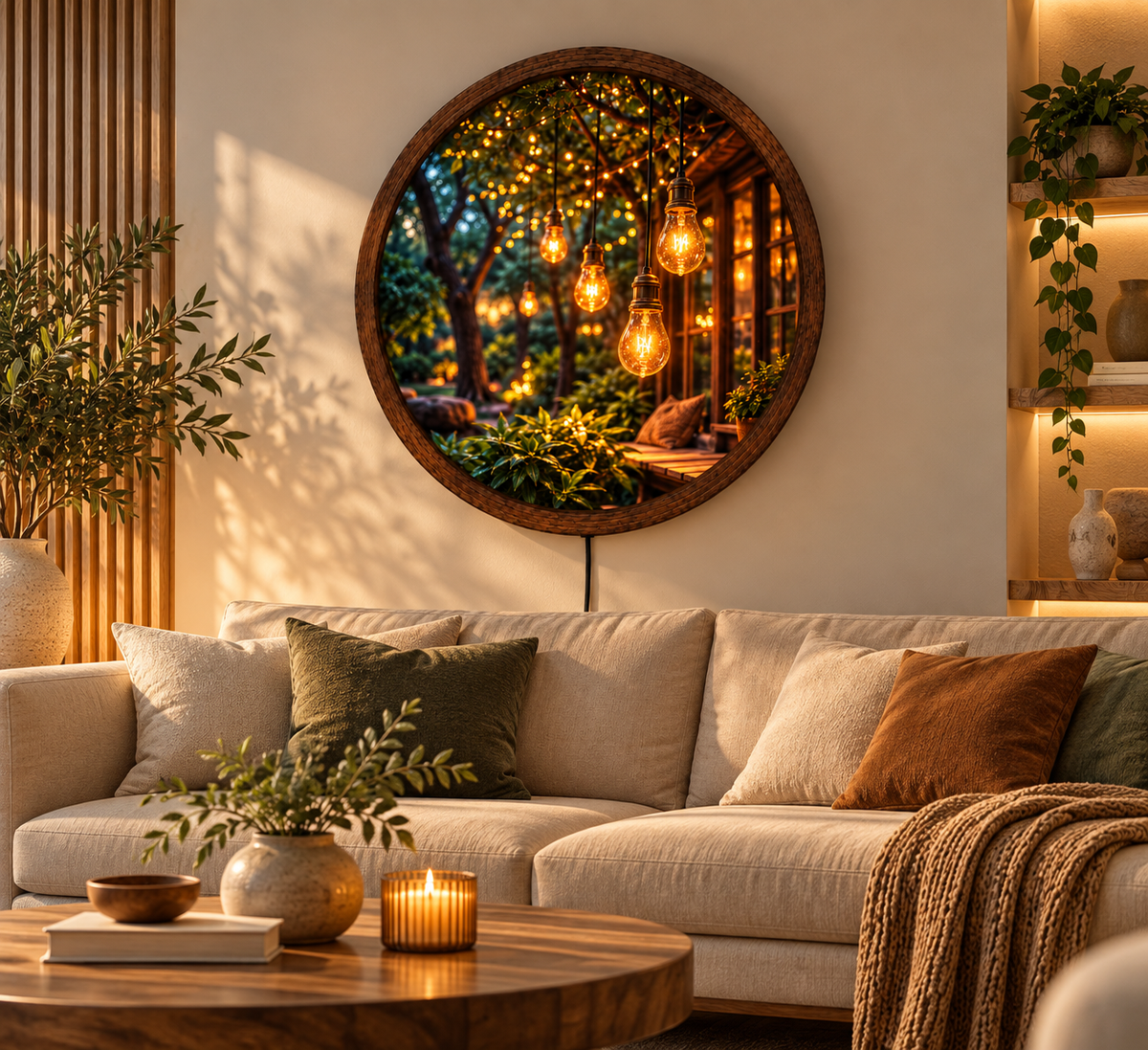 Hanging Edison Bulb LED Wall Art, Round Lighted Wall Decor, Cozy Garden Lights Wall Art, Rustic Nature Home Decor, Warm Ambient Light