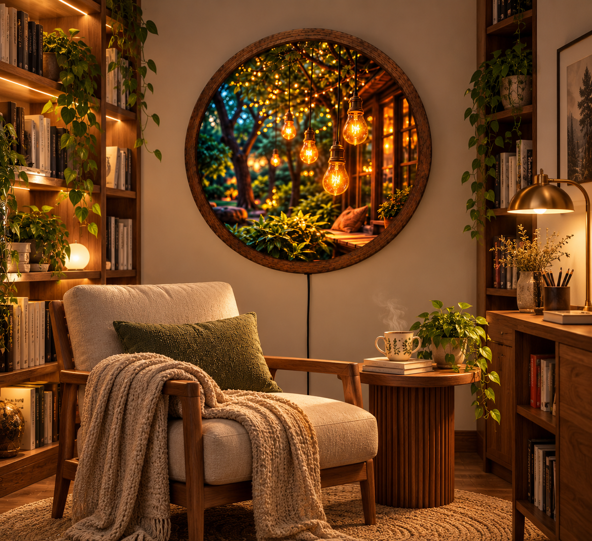 Hanging Edison Bulb LED Wall Art, Round Lighted Wall Decor, Cozy Garden Lights Wall Art, Rustic Nature Home Decor, Warm Ambient Light